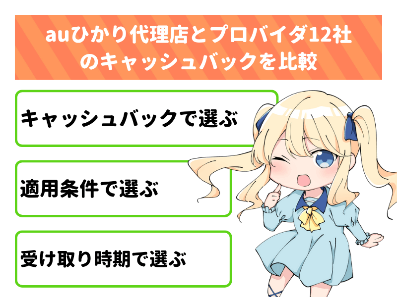 auひかり代理店とプロバイダ12社のキャッシュバックキャンペーンを比較